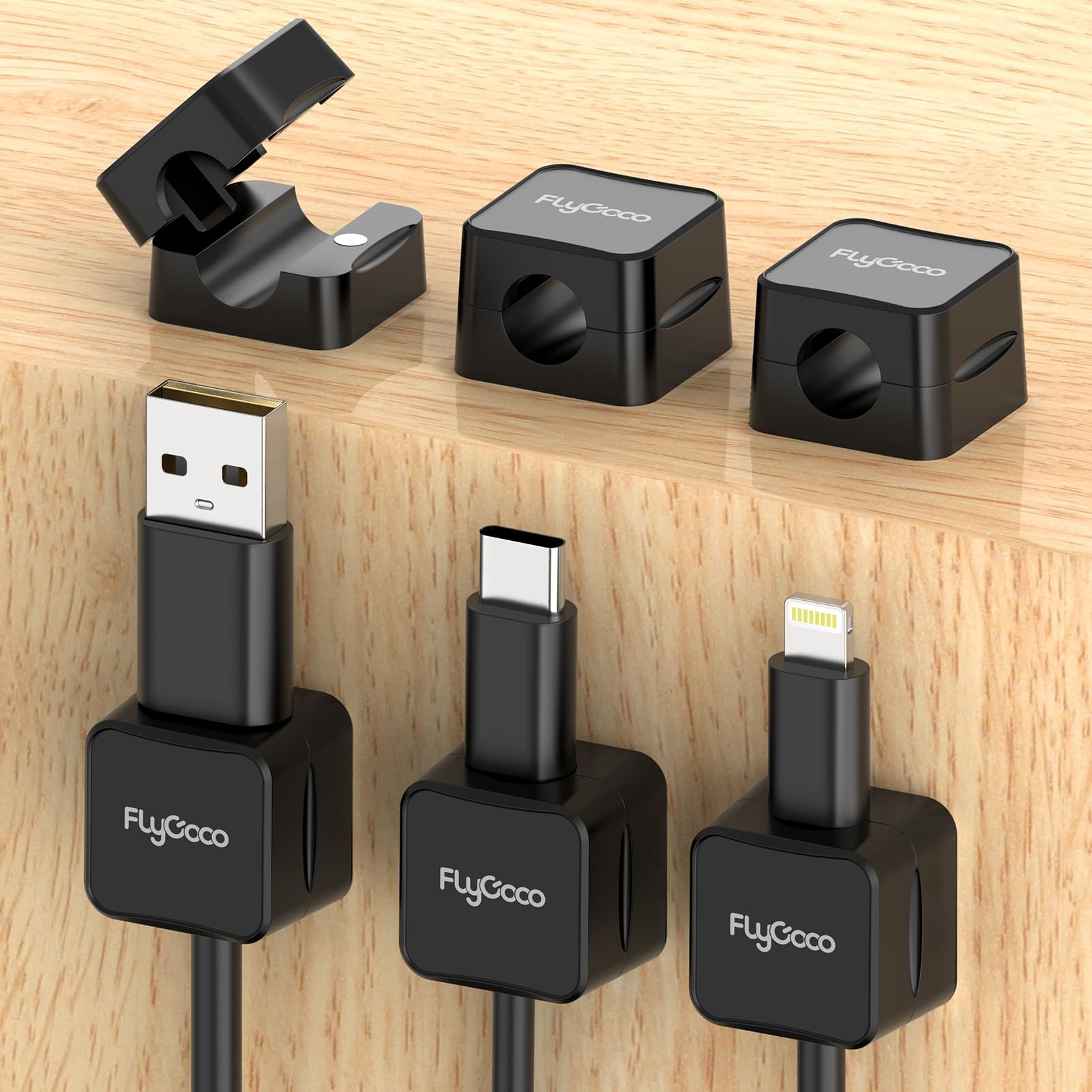 6 Pack Magnetic Cable Management Clips, FlyCoco Cord Organizer for Desk, Phone USB Charging Cable Storage Holder, Cable Clips Organizer for Office Desk Car Wall Desktop Nightstand (Black)