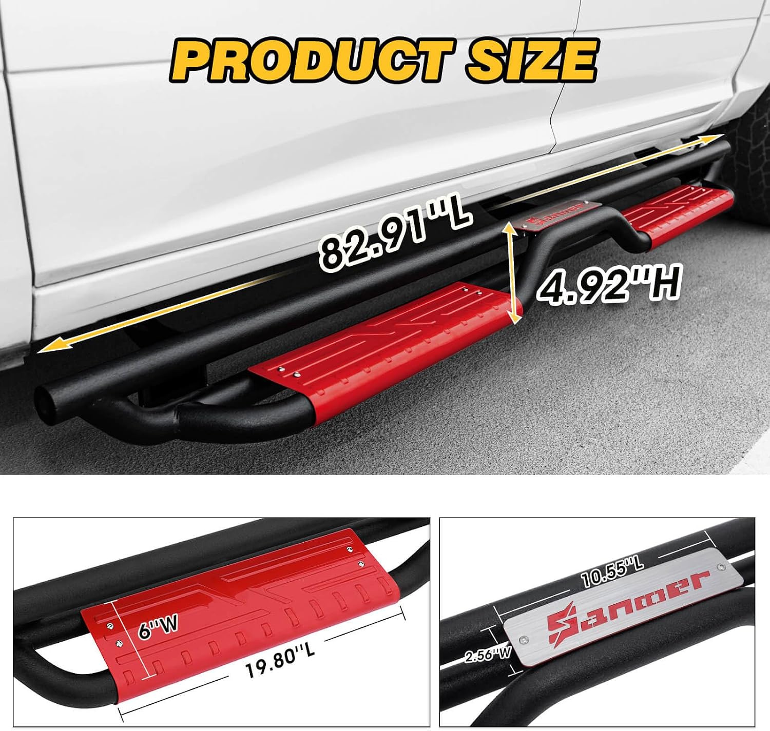 Sanooer Tacoma Running Boards for 2005-2023, Not for 2024, 6 Inches Tacoma Side Steps Double Cab 4 Doors Step Bars Bolt-on Steel with Two Stairs Design Carbon Steel Pair Sets, Painted Red