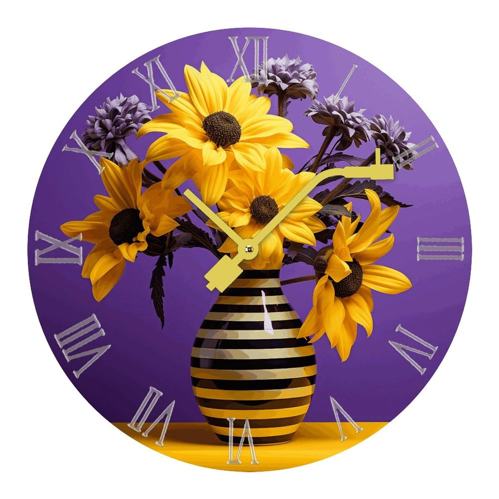 Horloge murale silencieuse à fleurs jaunes et violettes pour cuisine et bureau