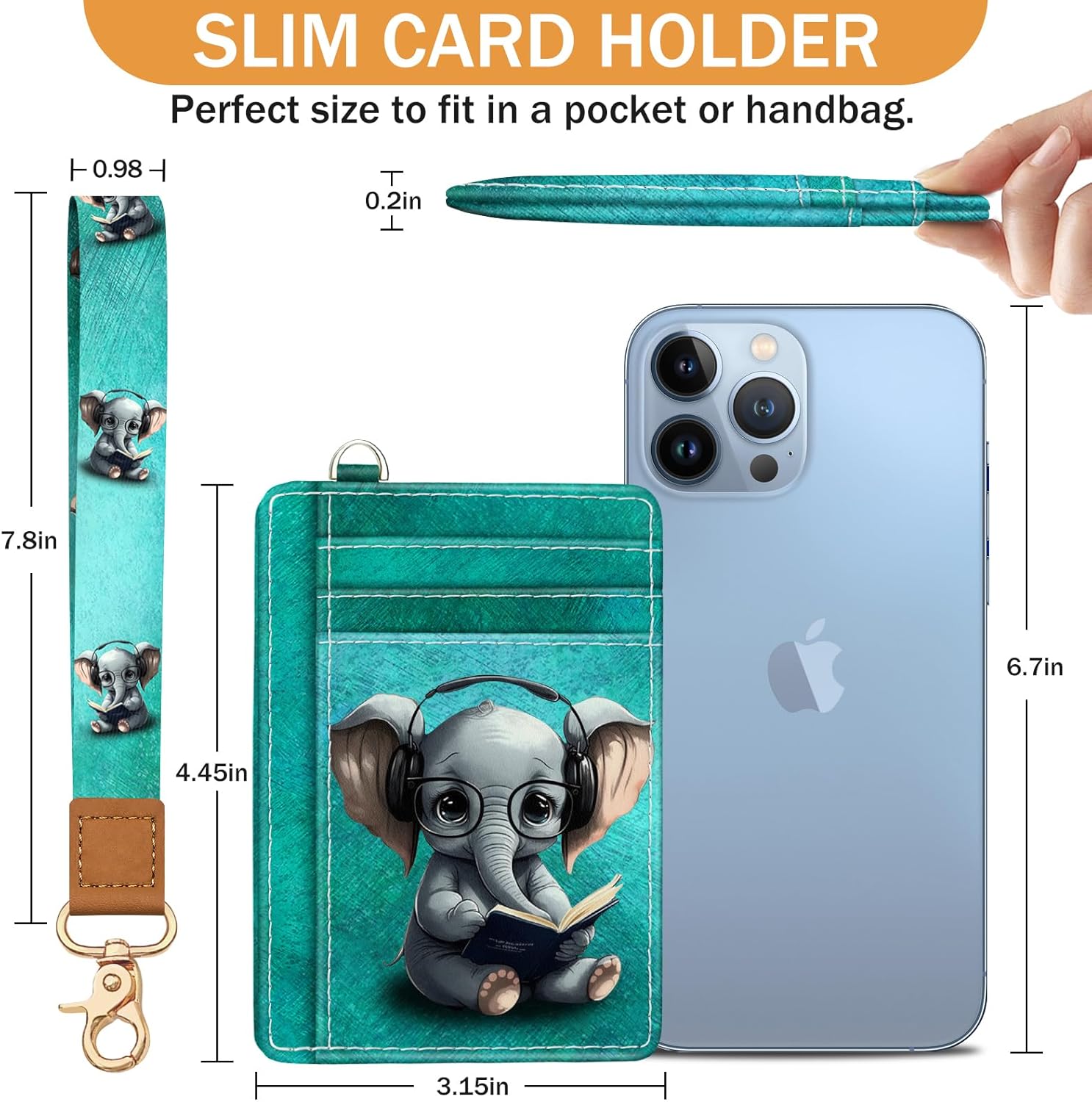 Elephant Credit Card Holder Slim Wallet, RFID Wallet Women Front Pocket Wristlet Lanyard, Small Card Holder Travel Funny Cute Thin Card Case ID Window PU Leather Card Organizer Gifts Girls - Image 6