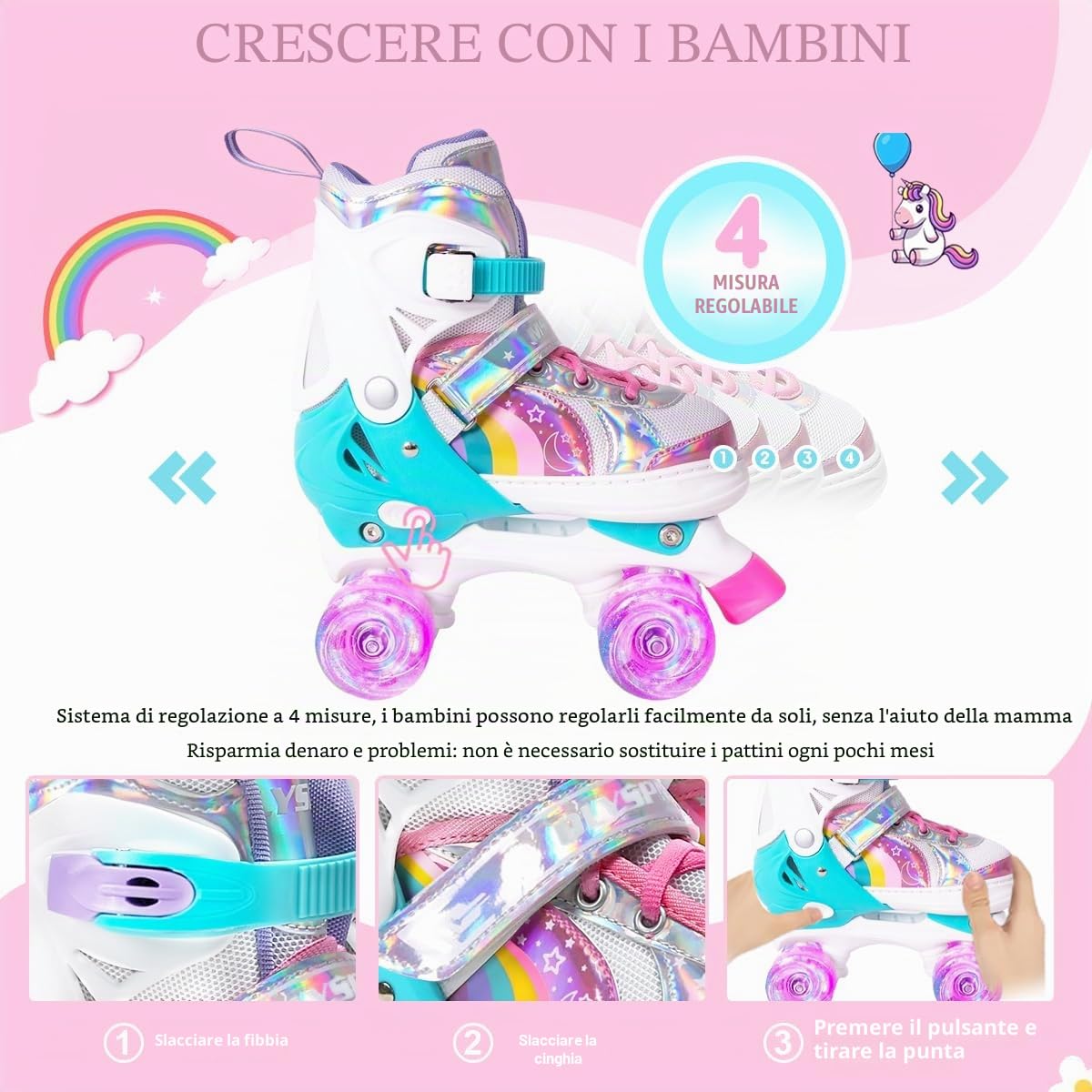 Pattini a rotelle Pattini bambina Regolabili Pattini a 4 Ruote,patini bambini 4 ruote luminosi per ragazze e ragazzi