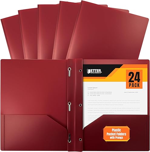 Better Office Products Carpetas de plástico burdeos con 2 bolsillos, paquete de 24 unidades, pesadas, carpetas de polietileno tamaño carta con 3