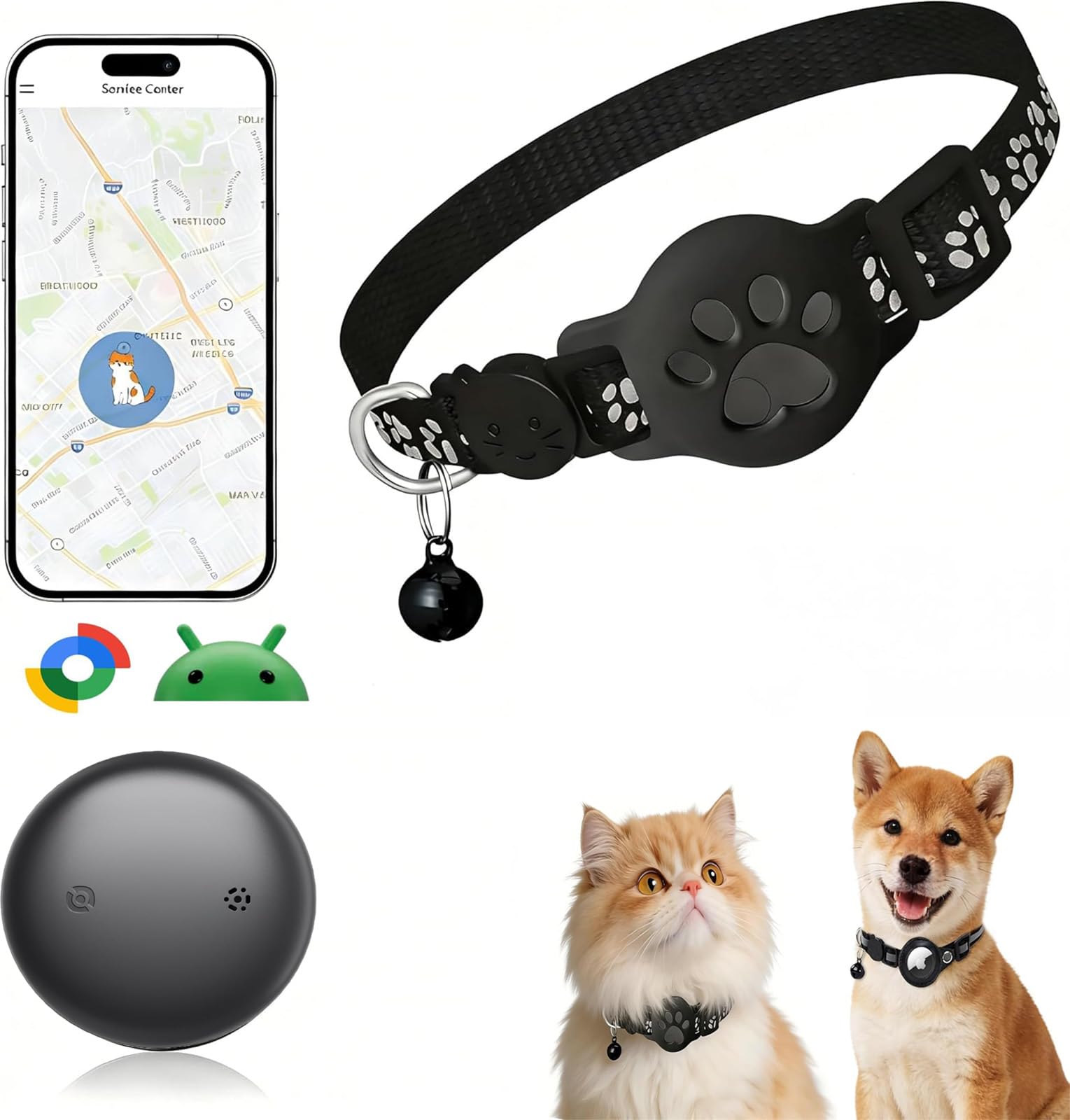 GPS Pet Tracker Collar for Cats & Small Dogs, Lightweight & Waterproof with Safety Buckle, Anti-Loss Tracking, Adjustable Reflective Collar with Bell (iOS, Black, 19-26cm)