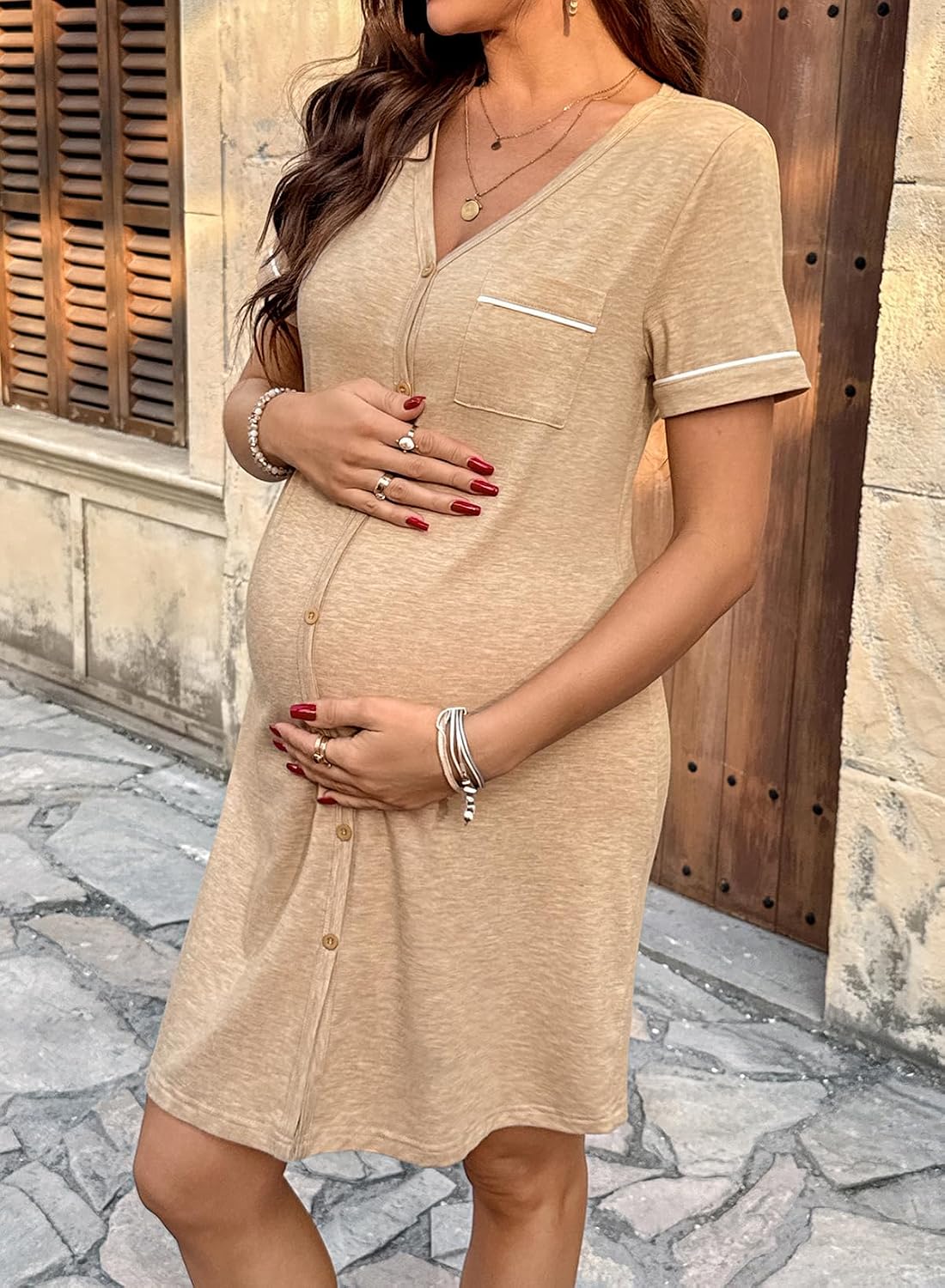 BLENCOT Women’s Labor and Delivery Night Gown for Maternity Short Sleeve V Neck Open Front Shirt Dress with Buttons image 2