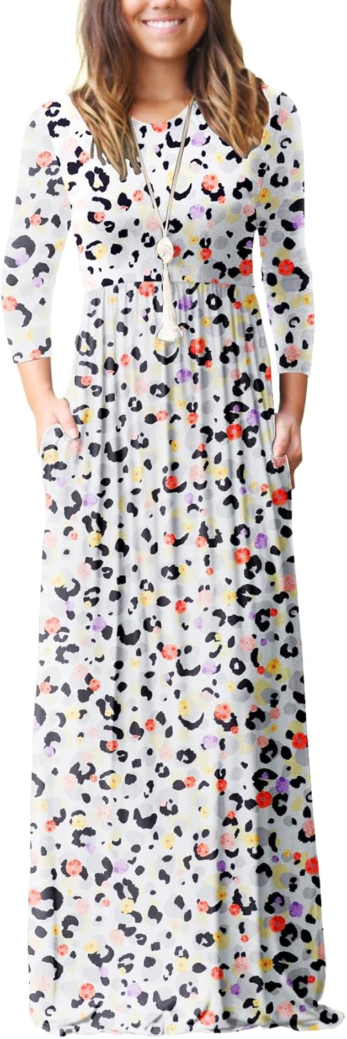GRECERELLE Women Long Sleeve Casual Round Neck Loose Solid Floral Maxi Long Dress with Pockets, S-3XL