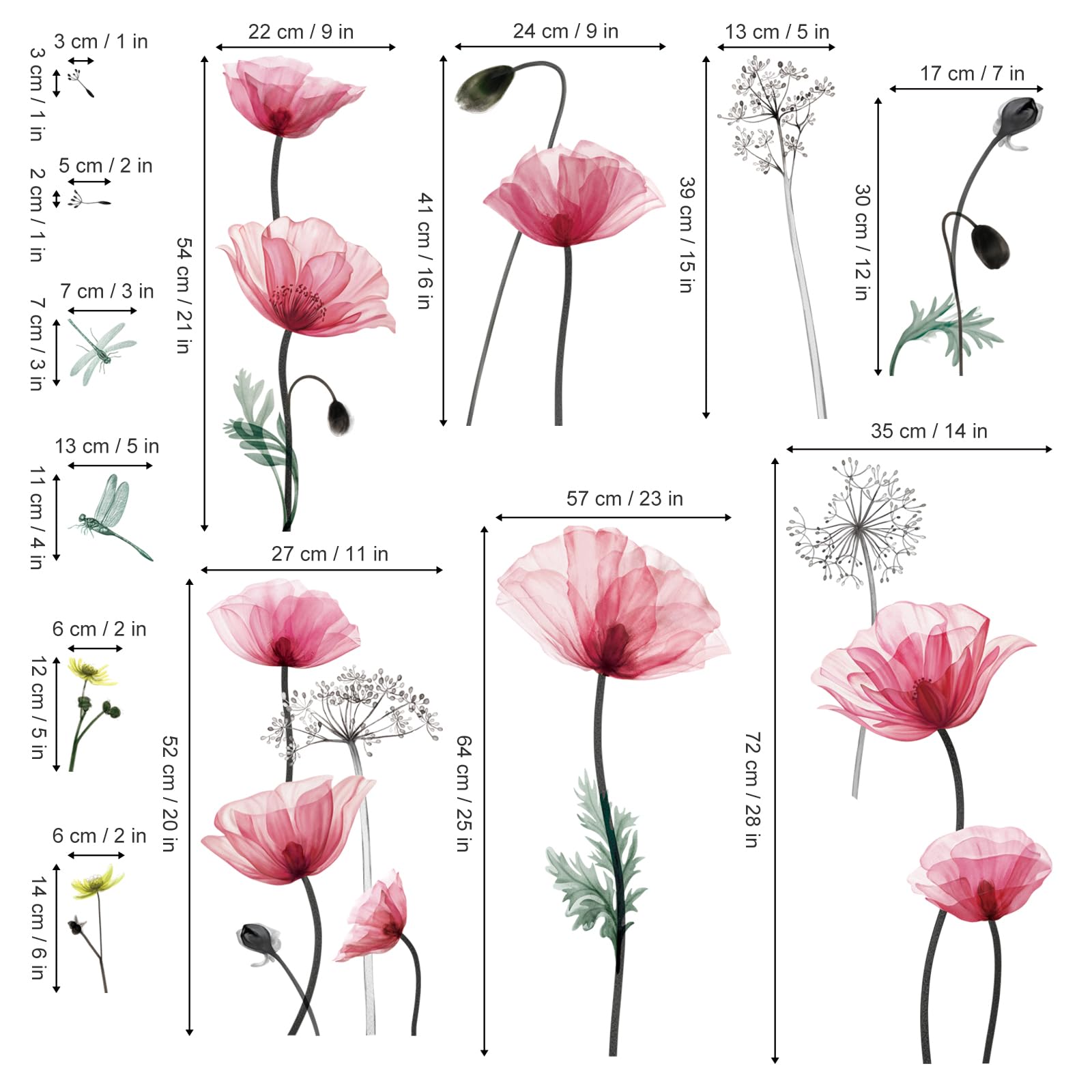 decalmile Poppy Flower Window Clings Pink Watercolor Floral Blossom Plants Window Decals Anti-Collision Glass Window Doors Window Stickers - Image 4