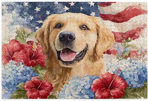 Golden Retriever with American Flag & Flowers Jigsaw, Wooden Puzzles for Adults 1000 Pieces, Ideal for Family Game Nights, Stress Relief & Party Brain Teaser Challenges
