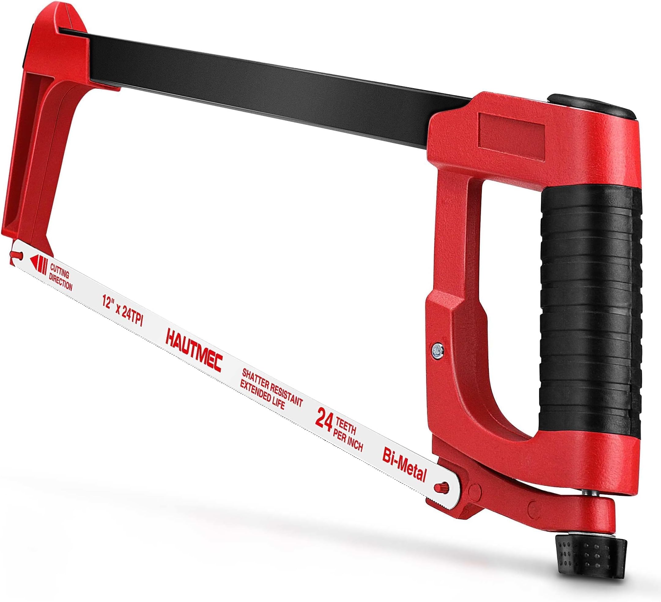 HAUTMEC 12-Inch Adjustable Tension Hacksaw with Blade Storage, 45°/90° Cutting Angles, High Tension Steel Frame & 24 TPI Bi-Metal Blade for Metal, PVC, Wood – HT0015