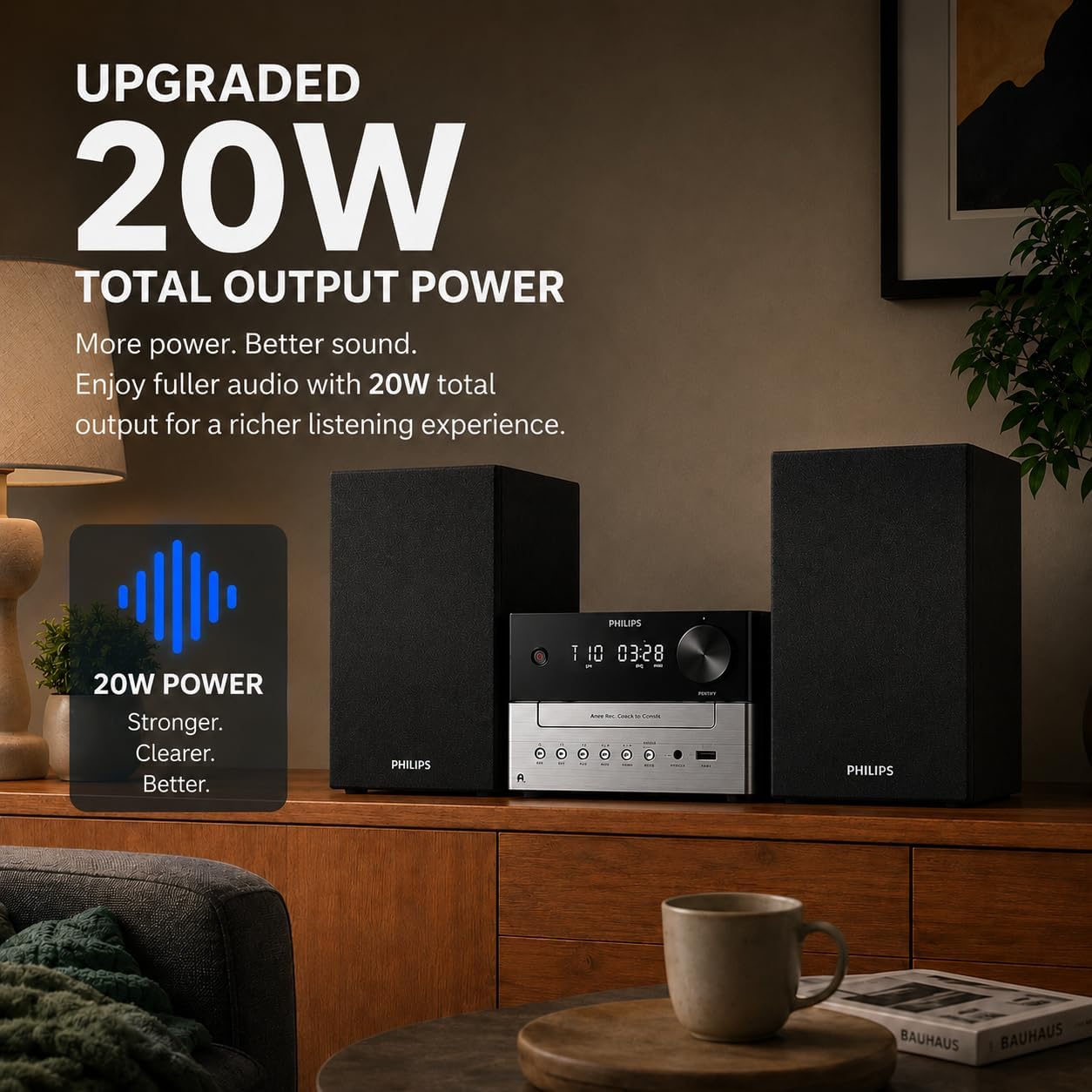 Philips Bluetooth Stereo System for Home with CD Player for Home, Wireless Streaming Bluetooth 5.4 & Auracast, Upgraded 20W Sound, MP3, USB, Audio in, FM Radio, Micro Music Sound System
