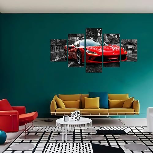 Miniatura 5 de Póster de pared en blanco y negro, 5 piezas de coche deportivo rojo, lienzo grande para habitación de niños, dormitorio, sala de estar, oficina,