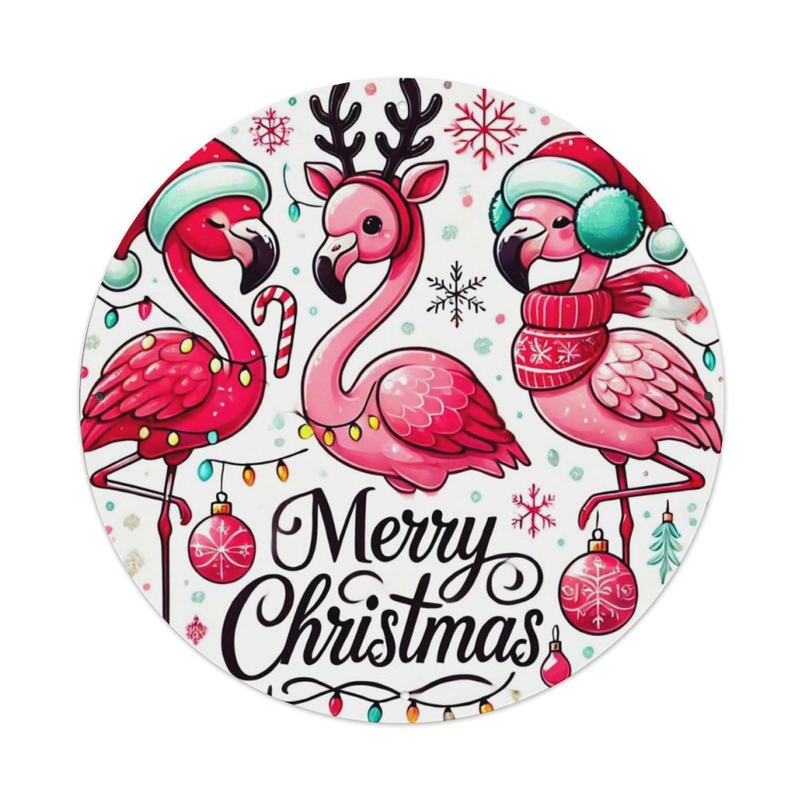 Jdyaojiesheng Vintage Flamingo Christmas Holiday Pattern Print Round Tin Sign Retro Metal Wall Decor Metal Poster, Home Bar Garage Farmhouse Cafe Wall Art Decoration 8X8inch