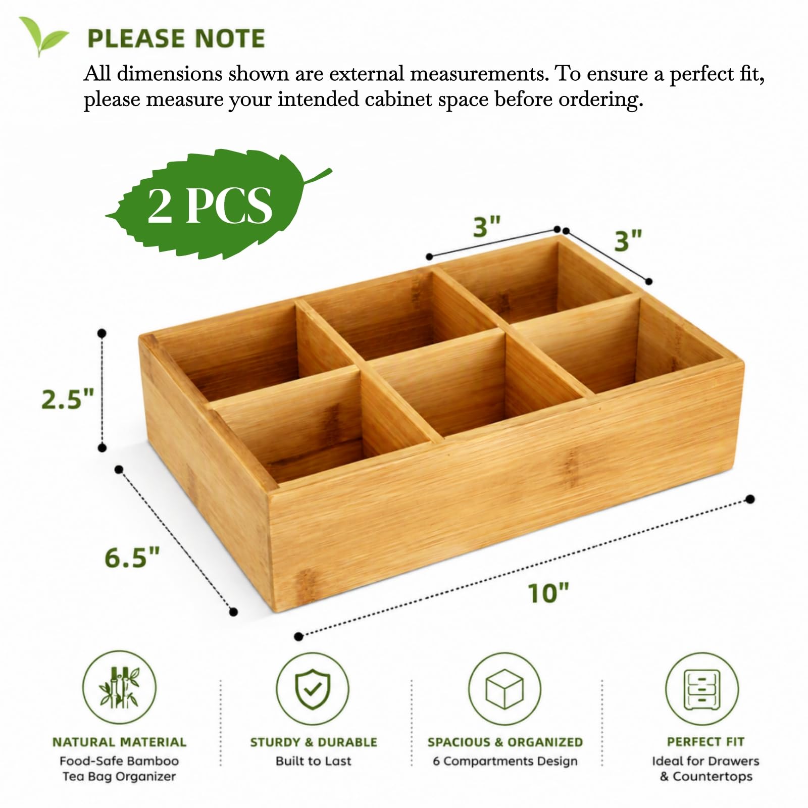 Dicunoy Paquete de 2 cajas de té de bambú, organizador de almacenamiento compacto de madera, 6 secciones divididas cajón organizador para bolsas de té, café, azúcar, edulcorantes y paquetes pequeños