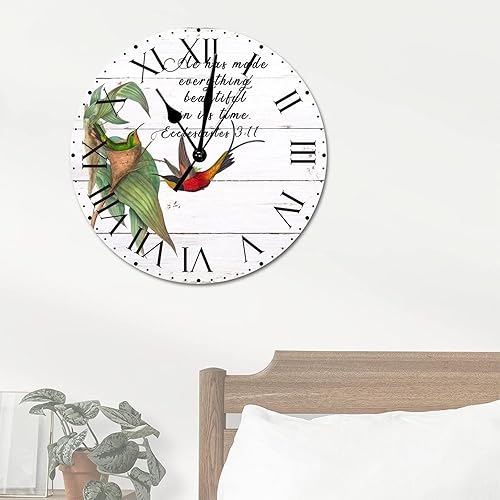 Miniatura 89 de ArogGeld He Made Everything Beautiful - Reloj de pared de PVC con flores rosadas, colibrí, reloj de pared grande con cita y números romanos, reloj