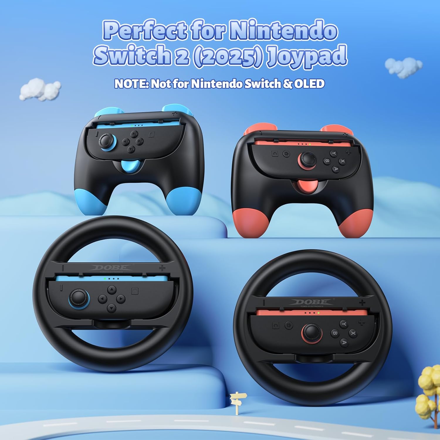 FASTSNAIL Controller Grips & Steering Wheels for Switch 2 (2025), Ergonomic Handles Kit for Mario Kart World/8 Deluxe Wheel, Switch2 Joypad Accessories for Family Party (4 pack) - Image 2