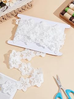3 Yards Organza Flower Lace Trims, White Polyester Lace Ribbon with Imitation Pearl Beads, Garment Accessories for DIY Handmade Doll Butterfly Wedding Veil Costume Dress Craft Sewing, 2.17inch