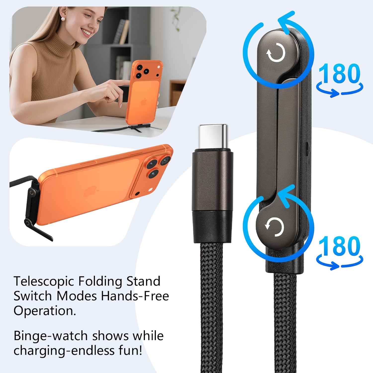 Foluu 2 in 1 Invisible Holder Charger Cable with Stand, 240w Super Fast Charging Cord with Foldable Stand, Compatible with iPhone Samsung Type-C Charging Cable for Gaming Office Car Travel (2 Pcs)