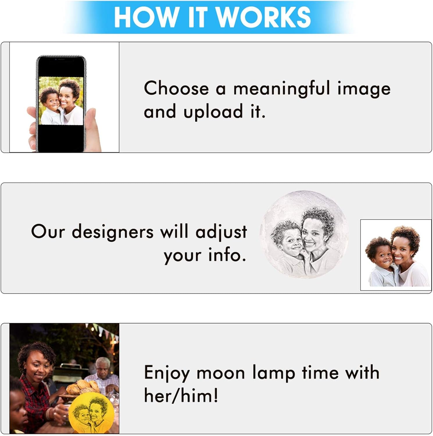 Amlion Moon Lamp Personalized Photo，Custom Moon Light Lamp Customized with Picture Engraved with Stand,16 Colors,Personalized Gifts for Mother's Father's Day