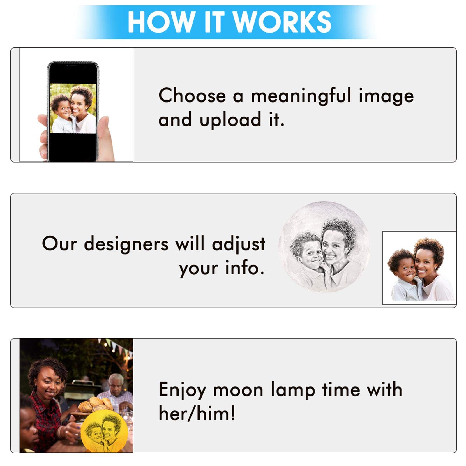 Lámpara Luna Personalizada Foto, Luz Nocturna LED Lámpara de Lunar 10cm 12cm 15cm 18cm 20cm Regulable con 16 Colores, Control Táctil e USB Recargable,Navidad Regalo