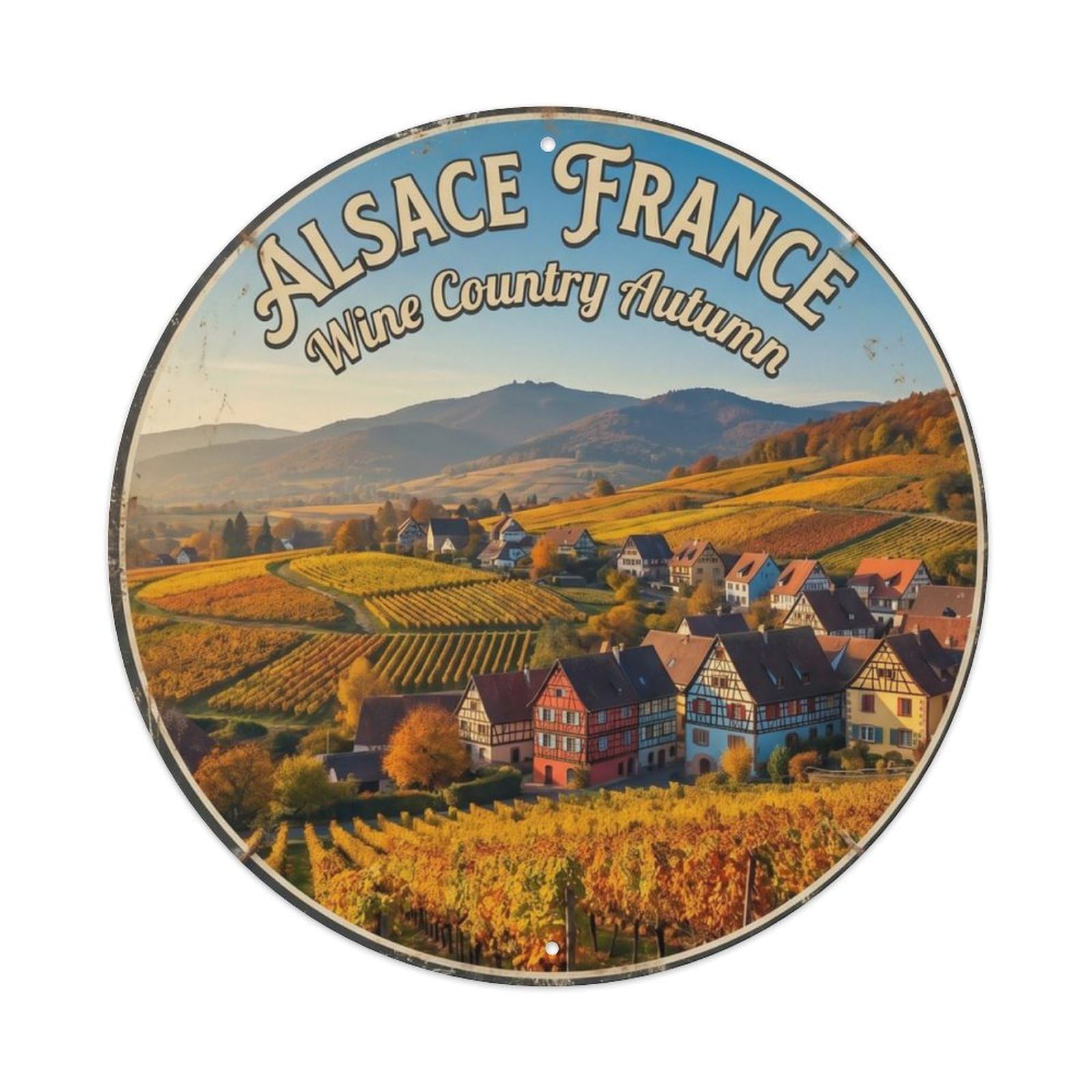Vintage Travel Alsace France Vineyard Village Metal Tin Sign Plaque Wall Decor for Cafe, Club Bar, Office, Home Garden Round Metal Poster 8x8Inch