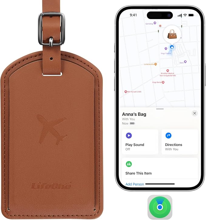 Luggage Tags Built-in Anti-Loss Tracker, Luxury Leather Luggage Tags for Suitcase, Travel Bags, Backpacks, Travel Organizer for Lost Baggage Prevention (Brown)