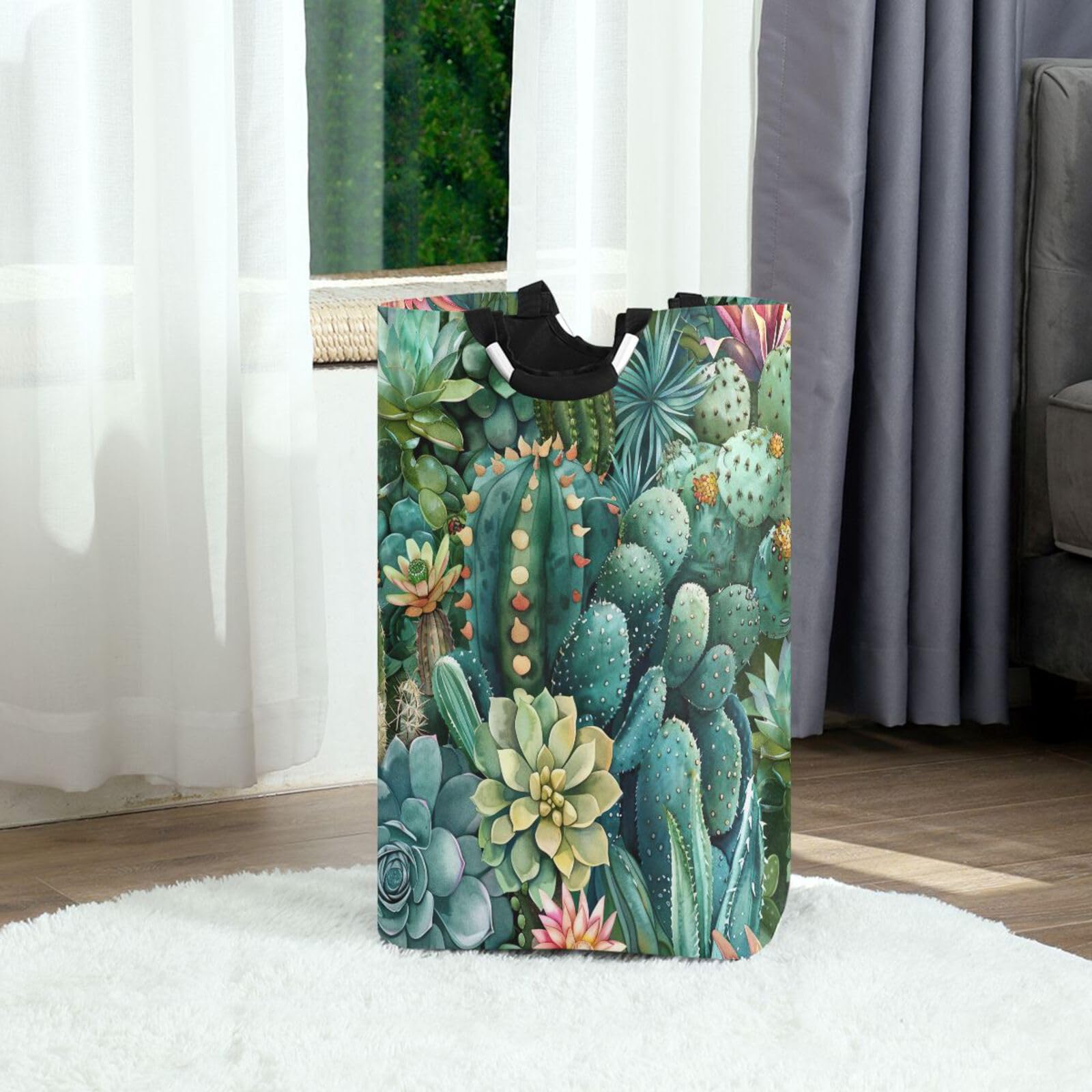 Jihqo Laundry Hamper Basket Succulent and Cactus Collapsible Nursery Storage Bin Waterproof Clothing Baskets for Home Bedroom Bathroom Washing Room