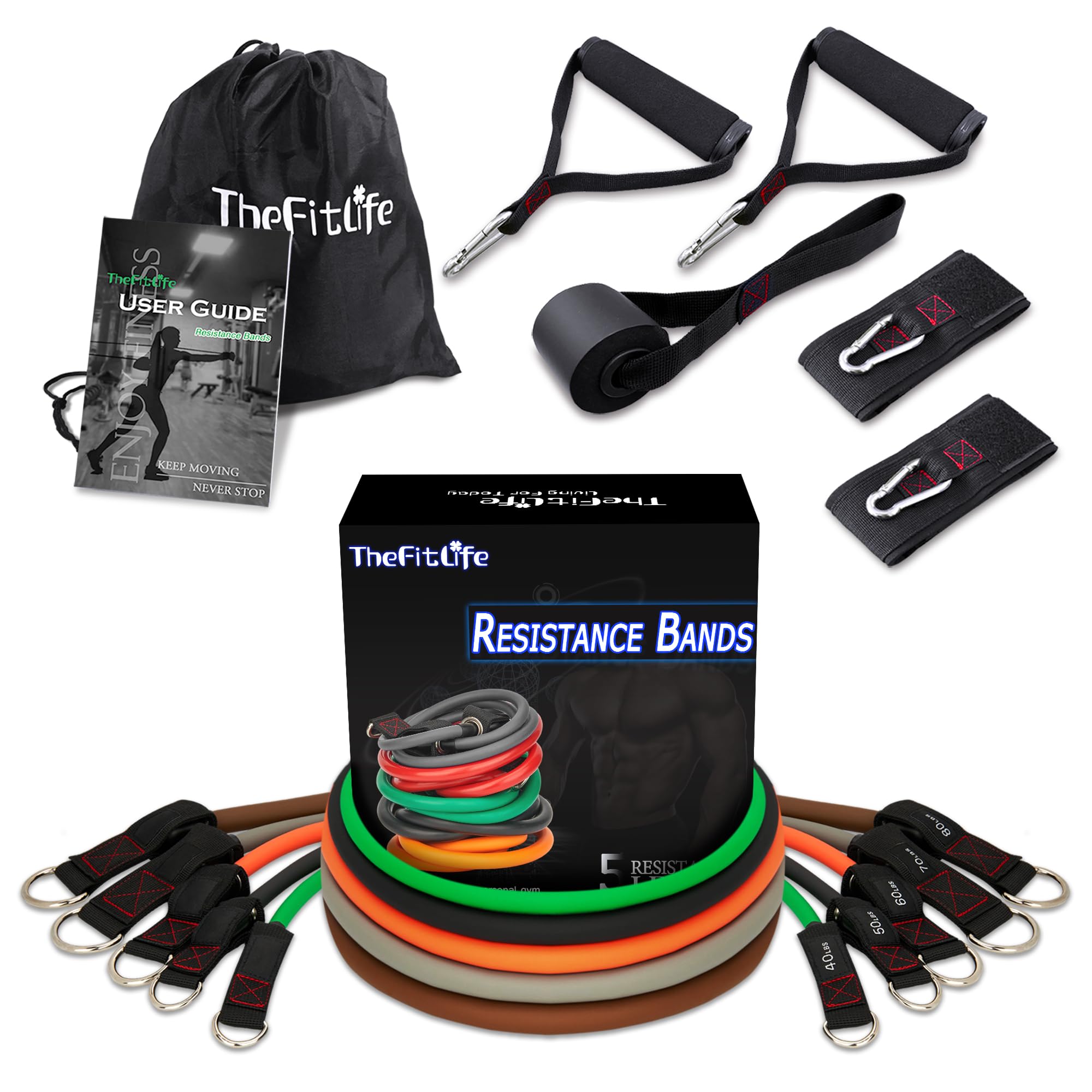 TheFitLife Resistance Bands with Handles - Designed for American Body Types, Exercise Workout Tubes for Men, Women, Includes Large Handles, Ankle Straps, Door Anchor, Fitness Levels