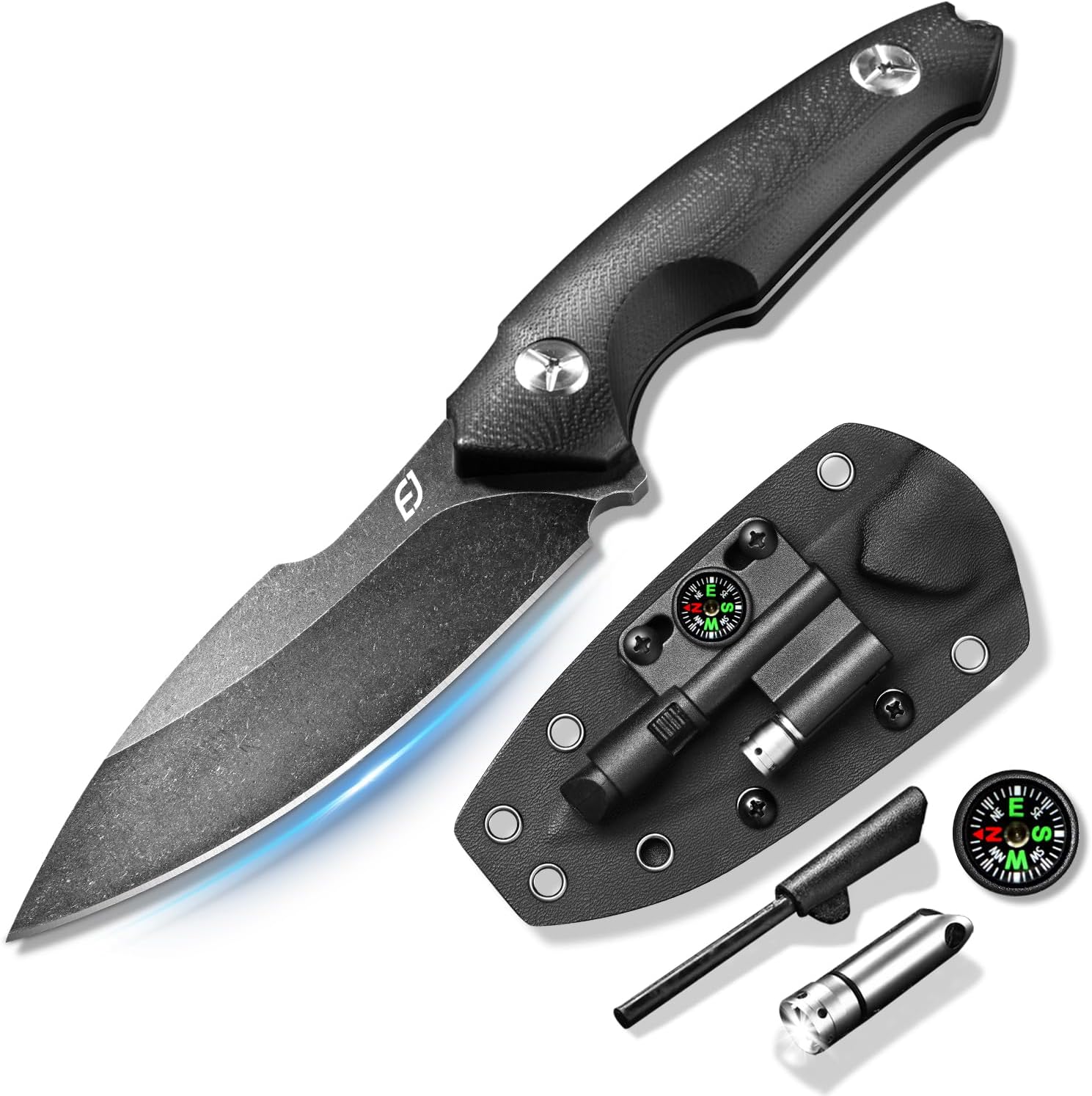 Emojoy Fixed Blade Knife with Sheath, Black Stonewash Blade 4.33" Camping Knife with G10 Handle & Hidden Tool, Full Tang Survival Knife for Camping, Bushcraft - Includes Compass, Whistle and Sheath