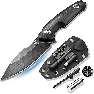 Emojoy Fixed Blade Knife with Sheath, Black Stonewash Blade 4.33" Camping Knife with G10 Handle & Hidden Tool, Full Tang Survival Knife for Camping, Bushcraft - Includes Compass, Whistle and Sheath