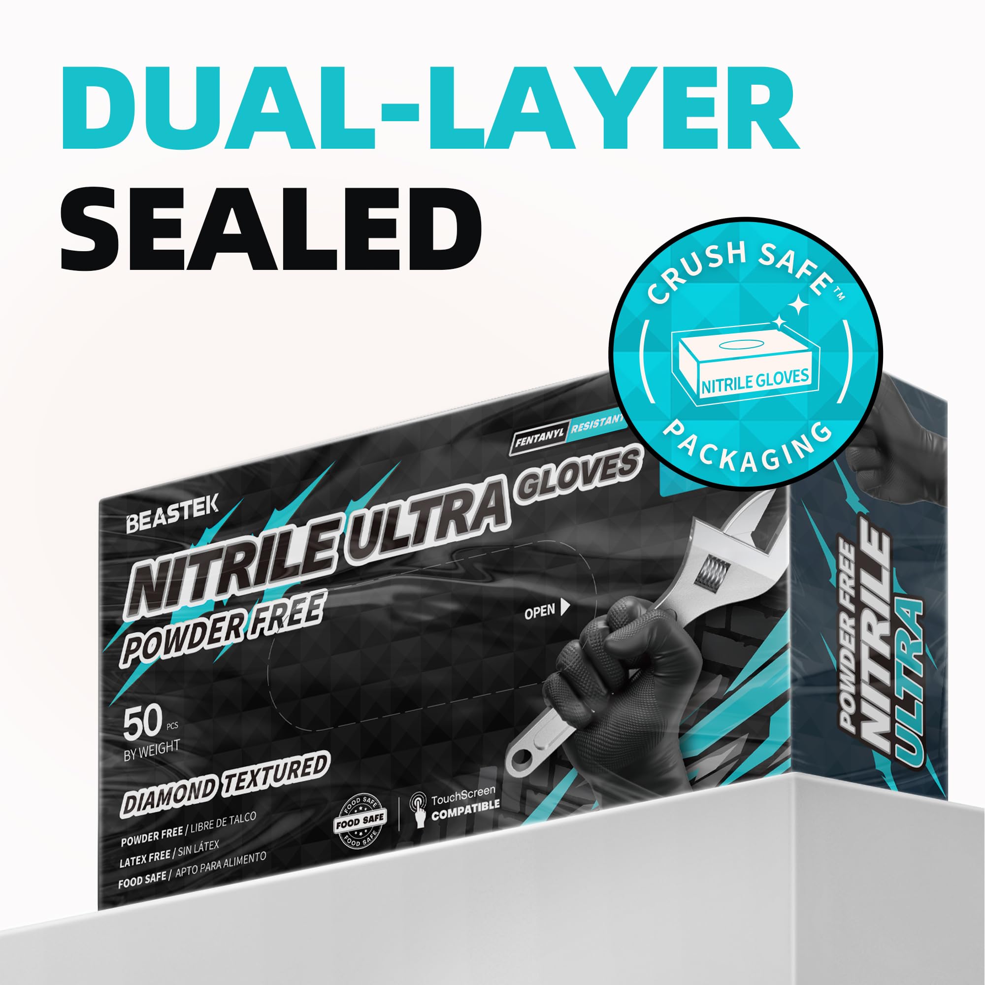 Beastek Guanti monouso in nitrile, senza polvere, senza lattice, resistenti agli agenti chimici, resistenti alle sollecitazioni, per uso alimentare, neri, 50 pezzi (X-Large)