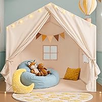 Little Dove Kids Play Tent with Star Lights, 52x35x51 Large Playhouse, Indoor Outdoor Reading Nook for Boys & Girls, Cream
