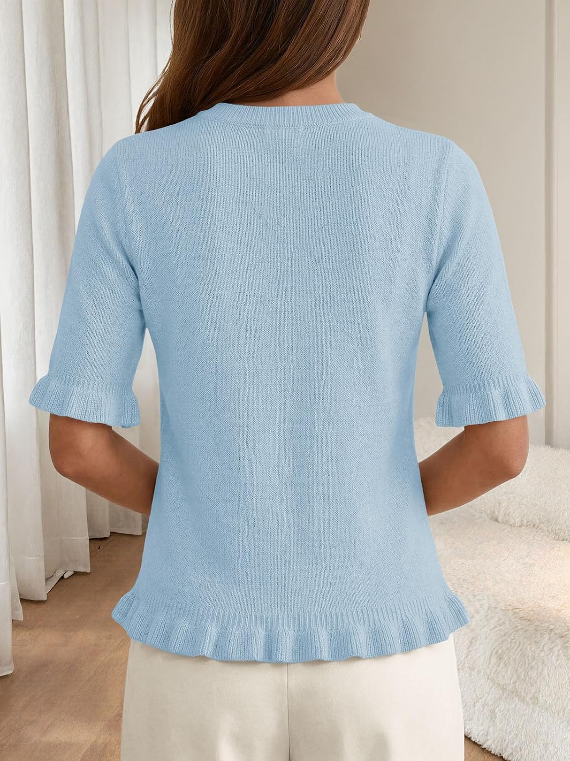 Saodimallsu Womens Short Sleeve Sweater Tops Summer Ruffle Casual Loose Fitting Crew Neck Knit Shirts