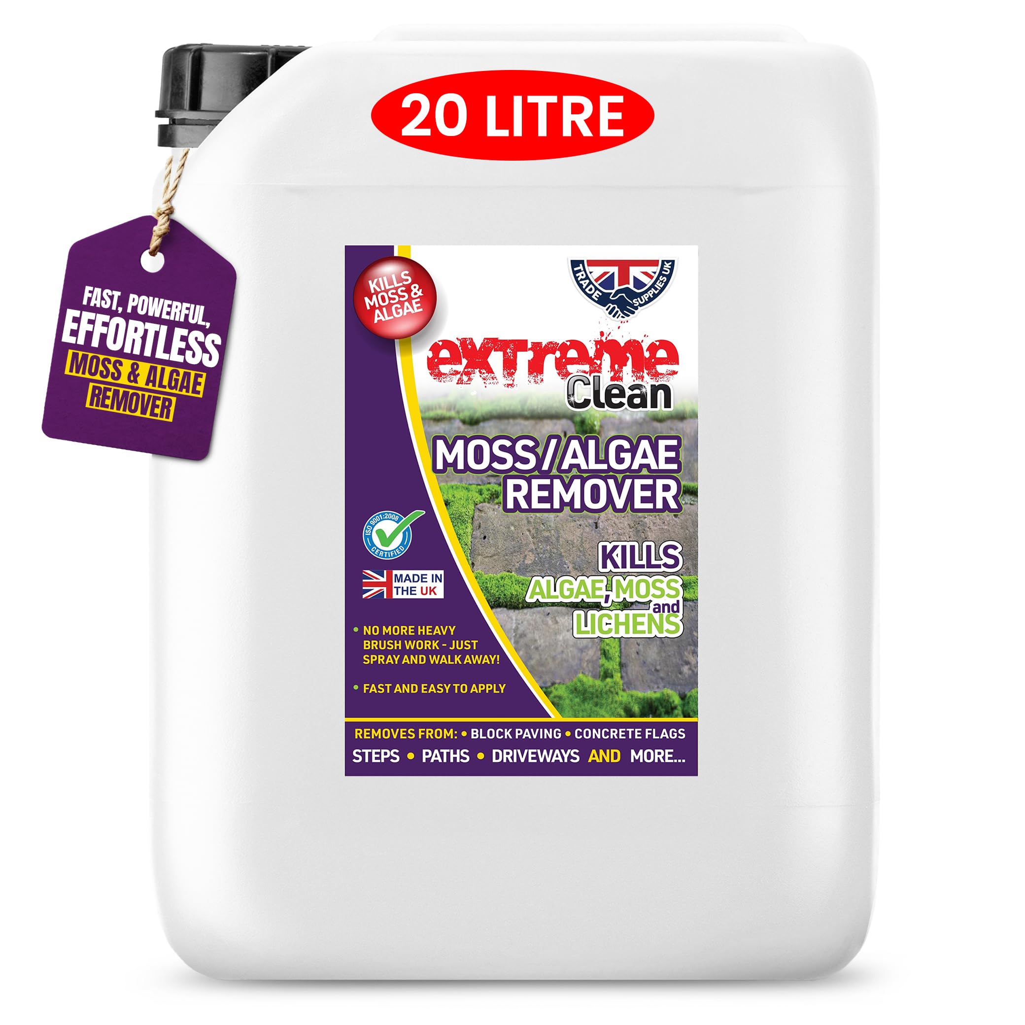 Trade Supplies UK - Extreme Clean Moss & Algae Remover. Fast-Acting, Ready-to-Use Solution for Patios, Decking, Stone, and Outdoor Surfaces (20L)