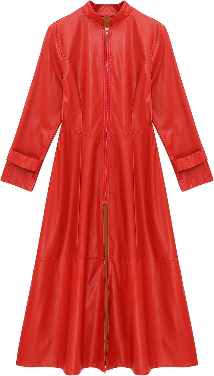Jelory Women Stylish Leather Long Body Coat Stand Collar Full Zipper Slim Waist Trench Coat Windproof Jackets