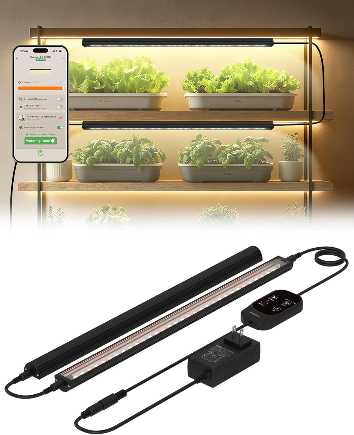 Smart Grow Light for Indoor Plants,3500K Full Spectrum LED Plant Light Strips with 3/9/12H Auto Timer,Stepless Dimming,Modular Design，Plug and Play (Black, 2 Pack 16W)
