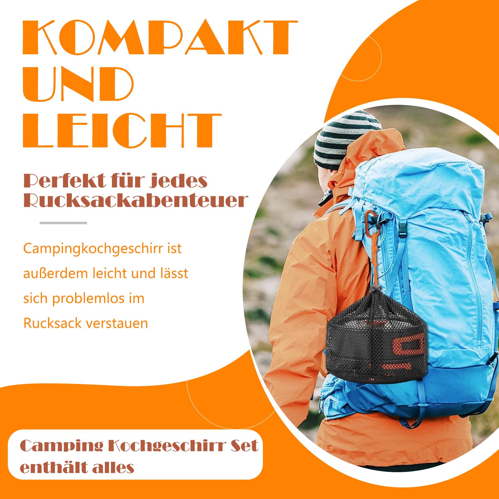 Camping Kochgeschirr Set, Outdoor Geschirr Set Kochtopf Set 10-teilig, Grillgeschirr Picknick Topf mit Aluminium Faltbare Töpfe und Pfannen, für 2-4 Personen, Outdoor Wandern Picknick BBQ