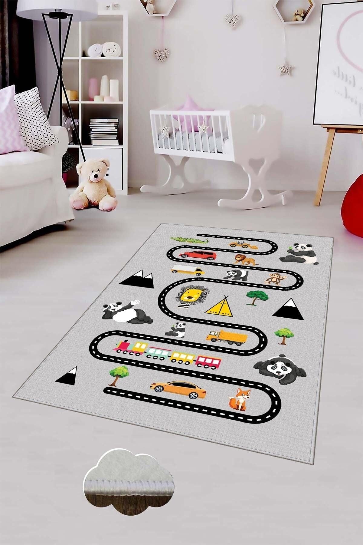Pelangi Gri Trafik Yollu Ve Fiğürlü Yıkanabilir Kaymaz Taban Leke Tutmazbebek Ve Çocuk Odası Halısı, Gri-Siyah 80 x 600, 90135707980600