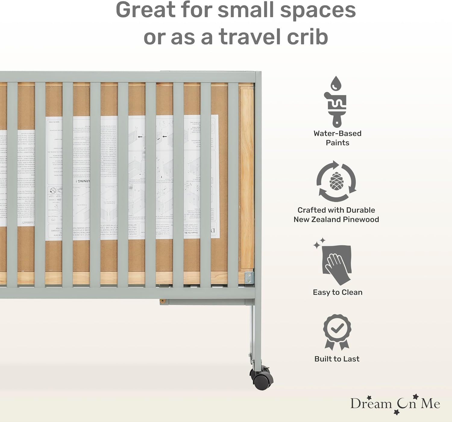 Dream On Me Quinn Full-Size Portable Baby Crib in Cool Grey GreenGuard Gold & JPMA, Patented Quick Fold System, Adjustable Mattress Support, Smooth Wheels, Compact Design, Safe Sleep Assurance