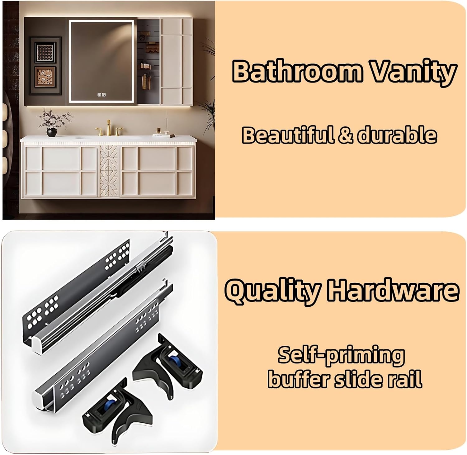56IN Khaki Bathroom Vanity has 2 Drawers - Stylish Floating Single Sink Bathroom Cabinet Set Includes Integrated Ceramic Sink | Panel with Linear Styling, Smart Defogging Silver Mirror (Style A)