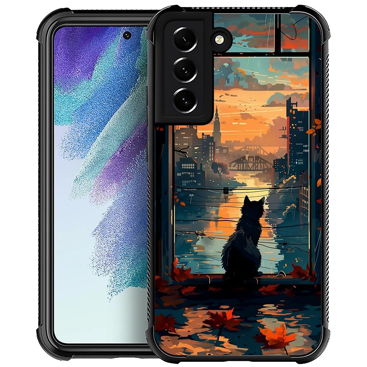 WANKBLC for Samsung Galaxy S22 Case, Shockproof Protective for Man Women Non-Slip for Samsung Galaxy S22 Black Cat at Sunset Crazy Pattern