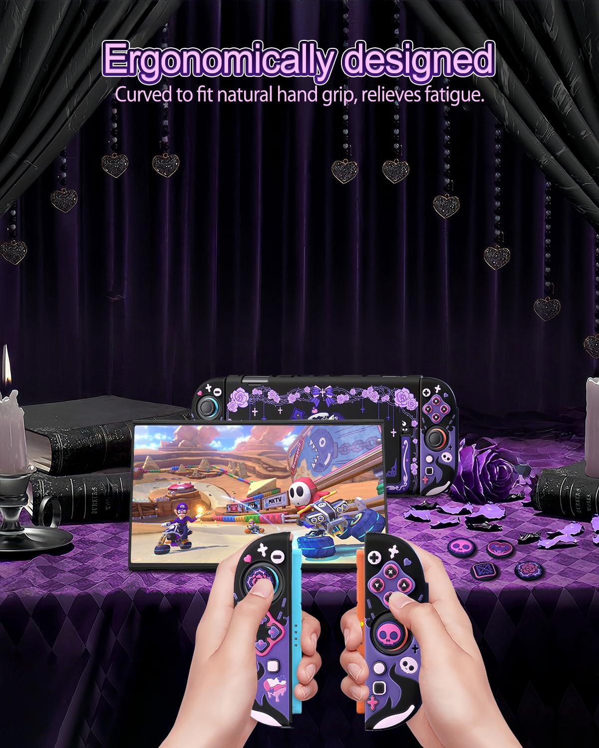 Dockable Protective Case Compatible with Switch 2, PC Hard Shell with Detachable Soft Silicone Controller Cover, 4pcs Thumb Grip Joystick Caps for Switch 2, Kawaii Cute Cartoon, Kickstand Cutouts, Split Design, Military Grade Drop, Anti-Scratch & Anti-Slip, All-Round Protection Shell for Switch2 Accessories - Lolita Cat (Purple)