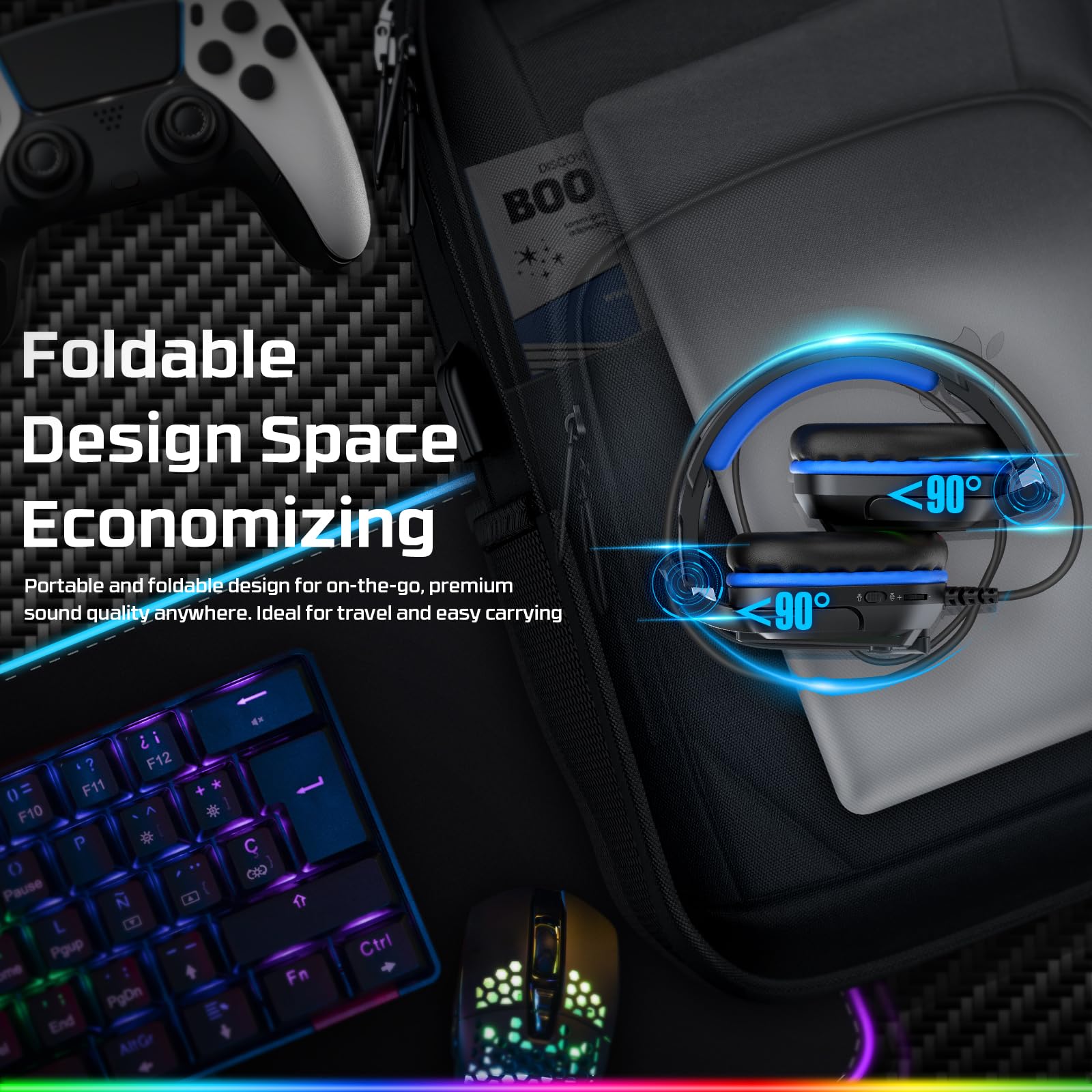 Fachixy FC-200 Cuffie da gioco pieghevoli per PS5, PS4, PC, Xbox, Nintendo Switch, con microfono ENC, cuffie da gioco da 3,5 mm con luce RGB, RGB Nero Blu