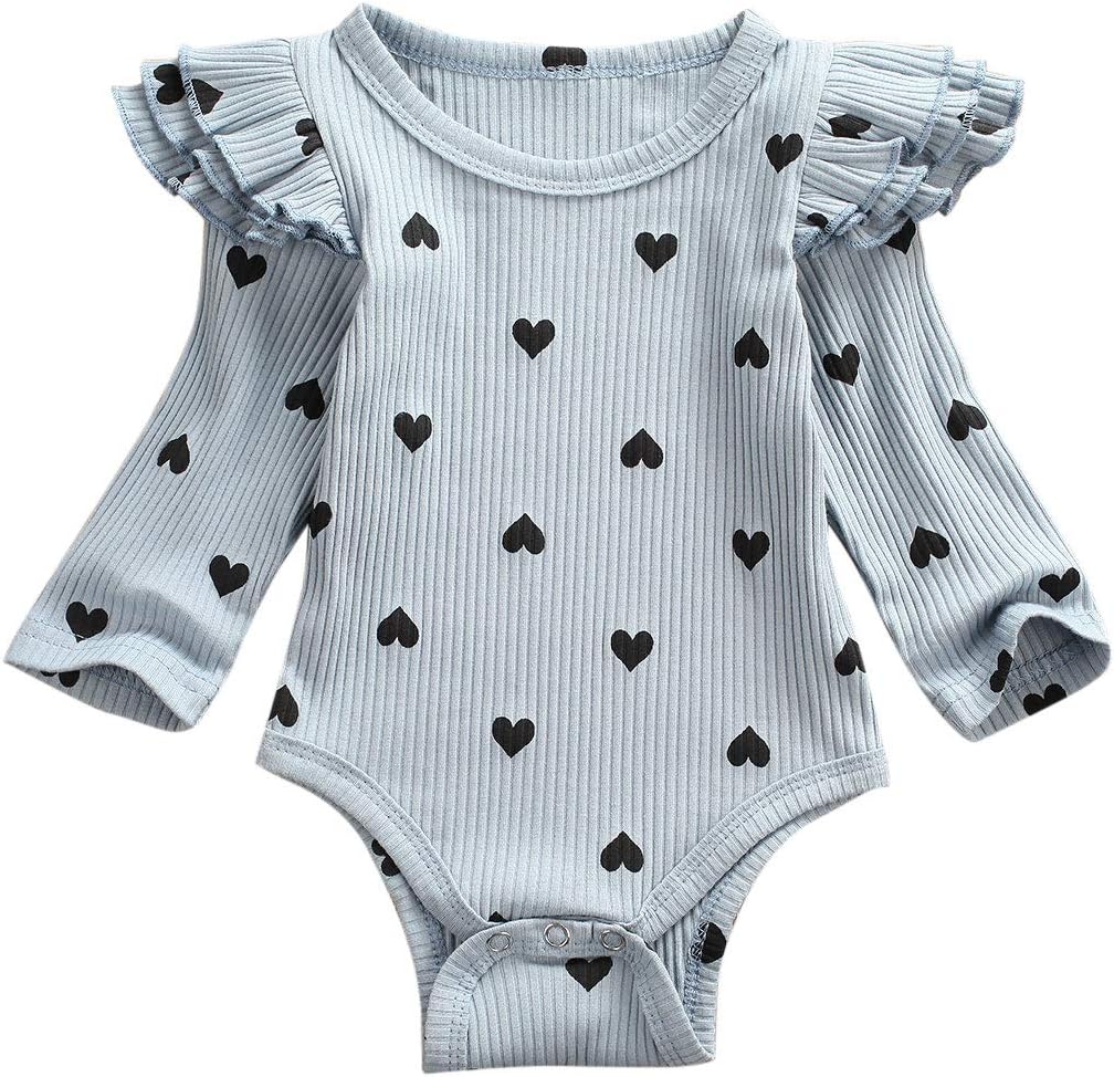 Newborn Baby Girl Boy Romper Rib Long SleeveCotton Ruffle Jumpsuit One Piece Bodysuit Outfits Fall and Winter Clothes (A-Blue, 3-6 Months)