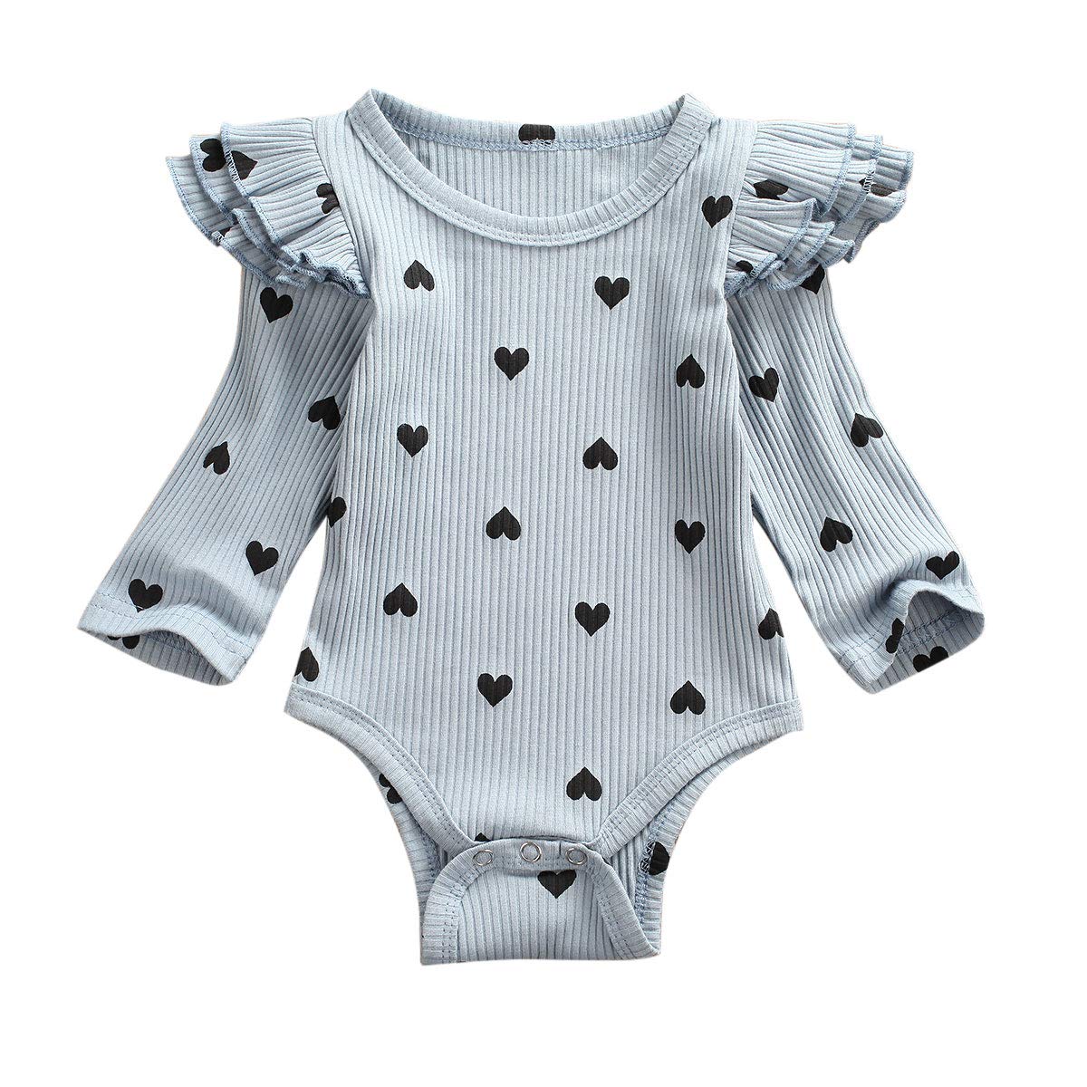 Newborn Baby Girl Boy Romper Rib Long SleeveCotton Ruffle Jumpsuit One Piece Bodysuit Outfits Fall and Winter Clothes (A-Blue, 3-6 Months)