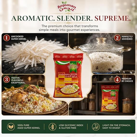 Anjoman Super Kernel Basmati Rice 5kg Bulk Bag - Aged Extra Long Grain White Rice for Biryani & Pilaf