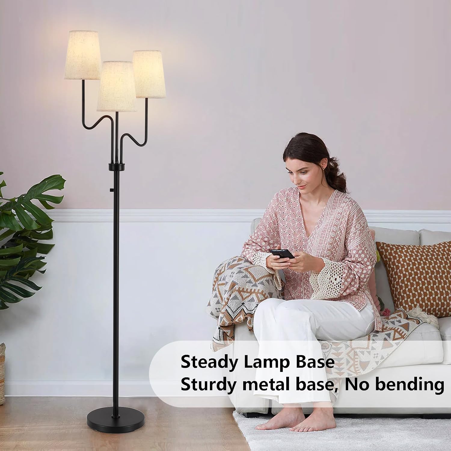 9MMML Farmhouse Dimmable Floor Lamp, Rustic 3-Light Floor Lamp with Fabric Shade, 68'' Tall Floor Standing Lamp for Living Room, Bedroom, Office, Corner, 3 x E26 LED Bulb Included