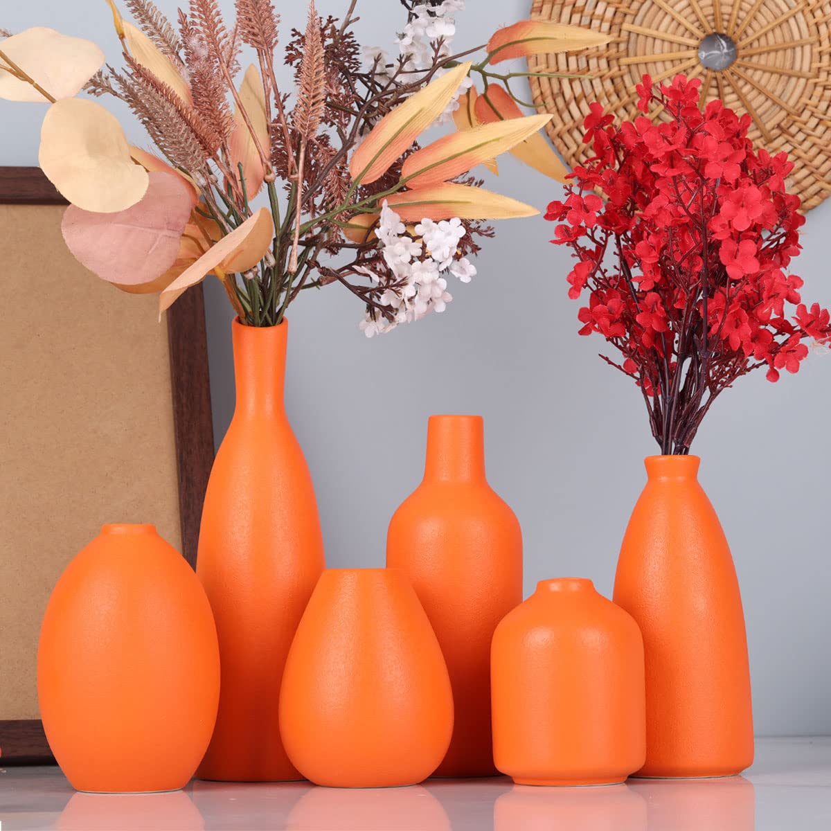 Orange Keramik Knospen Vasen Set von 6, Bauernhaus Dekor, Kamindekor, Kaminsims & Regal Dekor, Heimdekoration für Wohnzimmer, Eingang, Badezimmer & Büro, Couchtischdekoration, Knospenvasen in Bulk