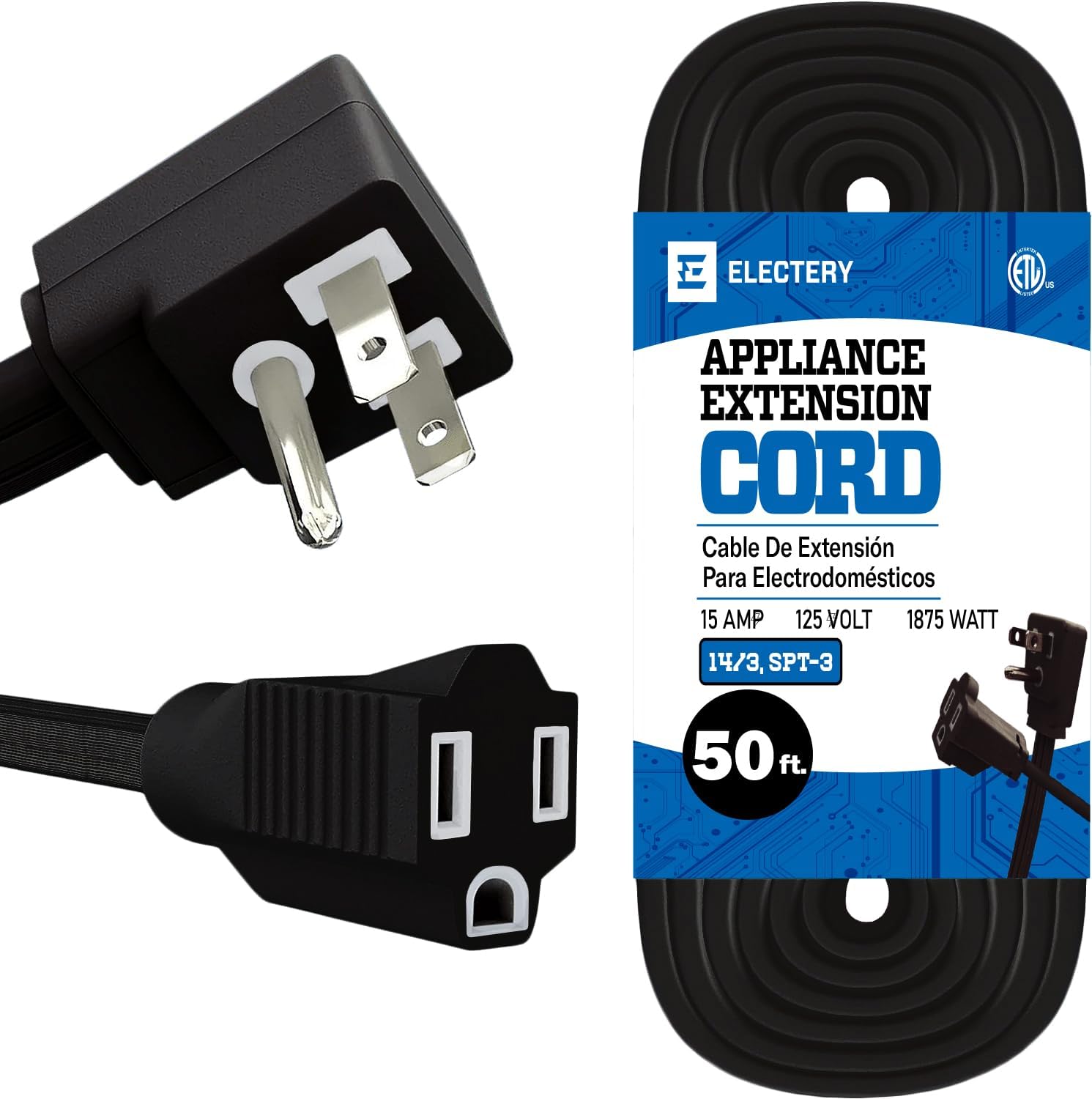 50 ft Heavy Duty Appliance Extension Cord, 14 AWG, 15A 125V 1875W, 3 Prong Flat Plug, ETL Listed, Short Power Extension Cable for Air Conditioner, Refrigerator, Microwave, Indoor Use, Black