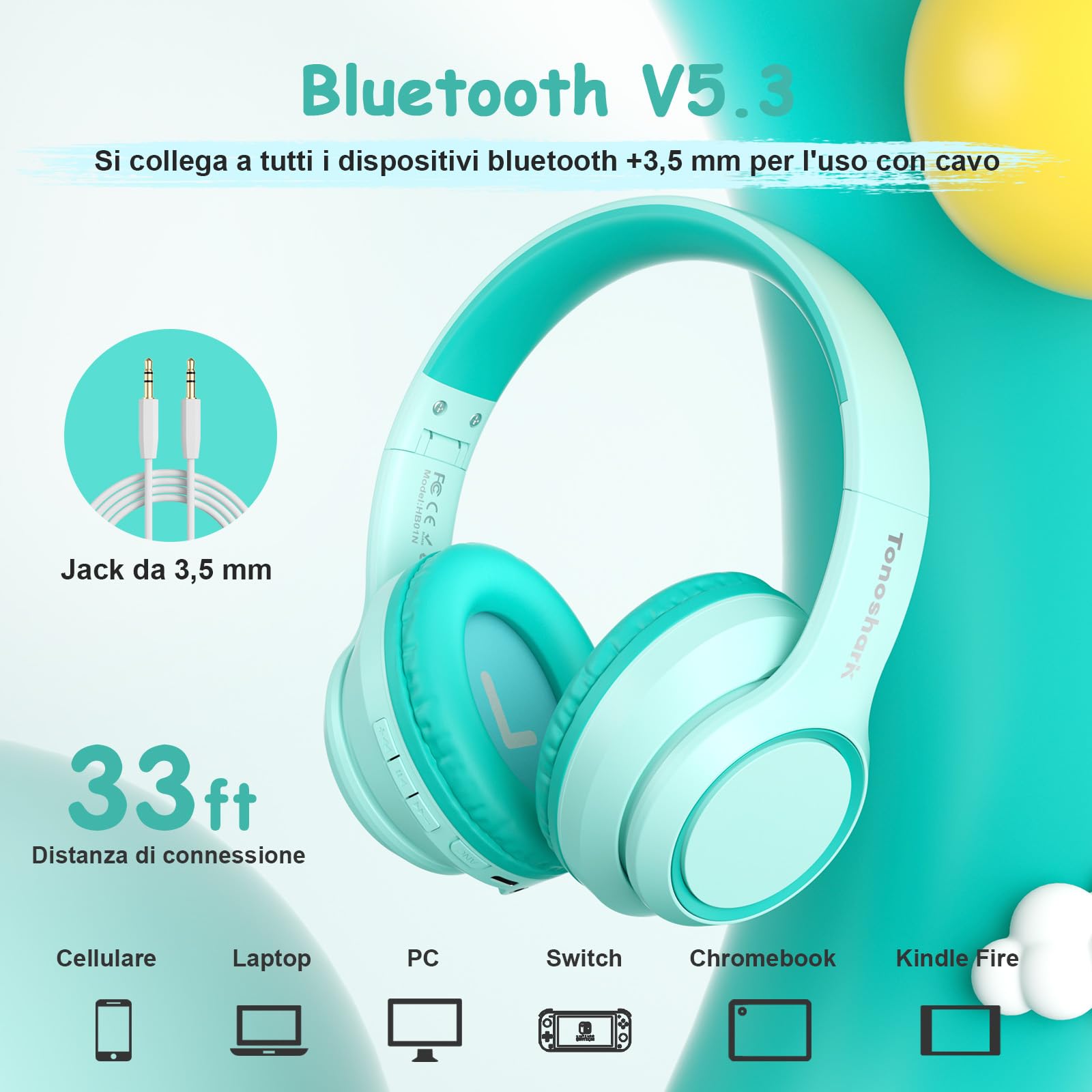 TONOSHARK Cuffie Bambini ANC, 60h Autonomia, Bluetooth Senza Fili Over-Ear con Microfono– Ideali per Casa/Scuola/Viaggi/Feste Custodia Inclusa (blu-verde)