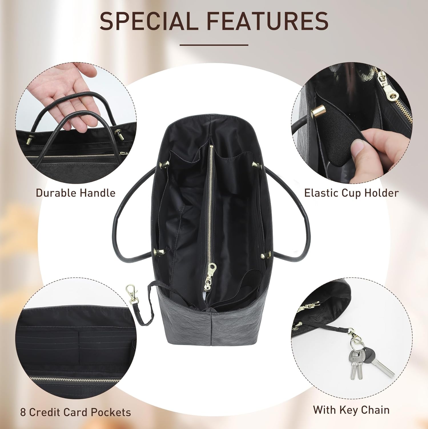 Doxo Purse Organizer Insert Compatiable with Medium Tote Bag, Lightweight YKK Zipper Tote Organizer with Handle/Elastic Cup Holder/Key Leash, 16 Pockets Bags Divider Shaper, Black/M - Image 6