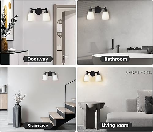 Miniatura 8 de Lámpara de tocador de baño, 2 luces modernas de acero inoxidable negro mate sobre espejo con vidrio esmerilado, apliques de pared para dormitorio,